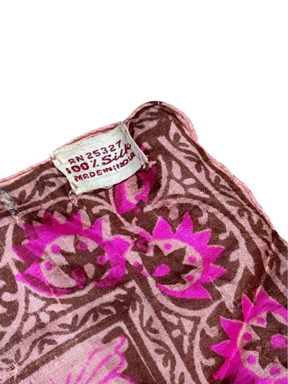 Vintage 90s 100% Silk Scarf India Pink Brown Floral Square 29x29